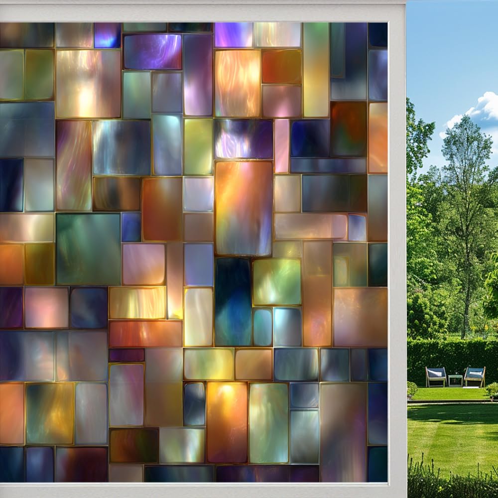 Modern Mosaic Stained Glass Window Film, Colored Fragment Geometry Peel and Stick Privacy Film, Frosted Adhesive Vinyl Decorative for Bathroom Windows Glass Doors, （55x120cm）