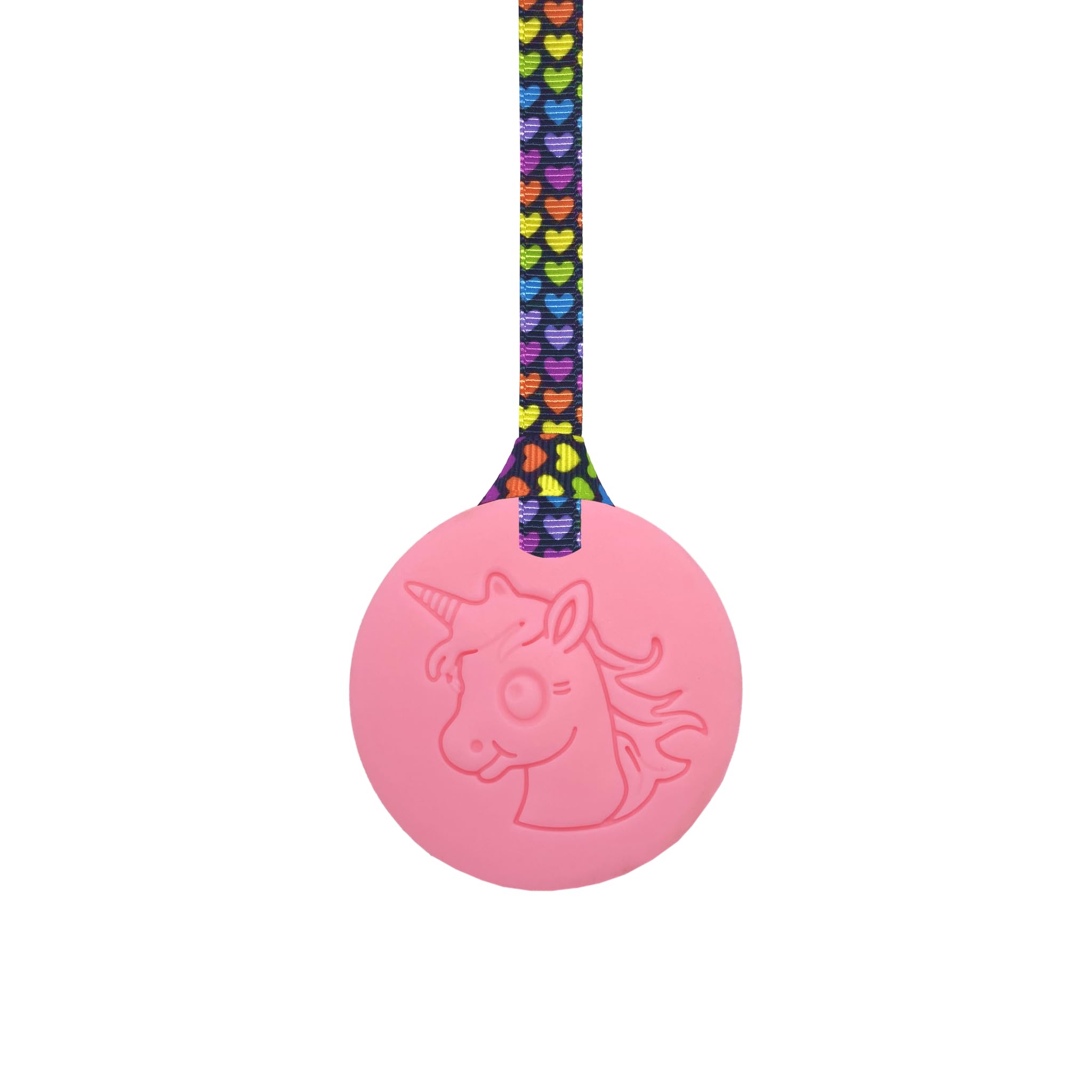 Unicorn Chew Necklace with Lanyard - Light pink - Sensory Chew for Kids with Autism, Anxiety & ADHD – 100% Food Grade Silicone - Sensory Oojamabobs (8 designs available) (Rainbow hearts, 70cm lanyard)
