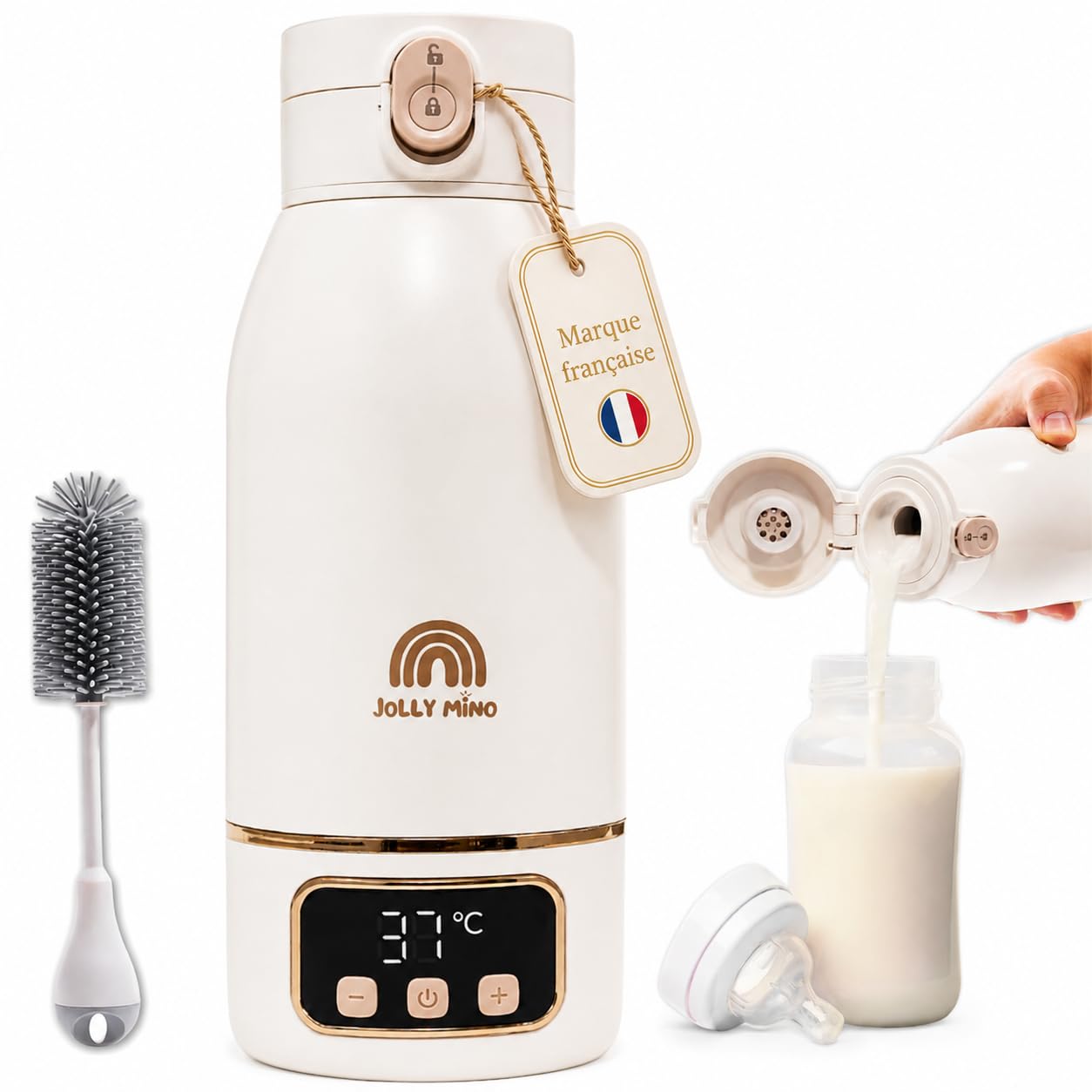 Chauffe biberon Nomade Portable Sans Fil 500 ml, Inox, Chauffe Lait Maternel & Eau, Auto-Pasteurisation, Voyage Voiture Nuit, Brosse Silicone Incluse