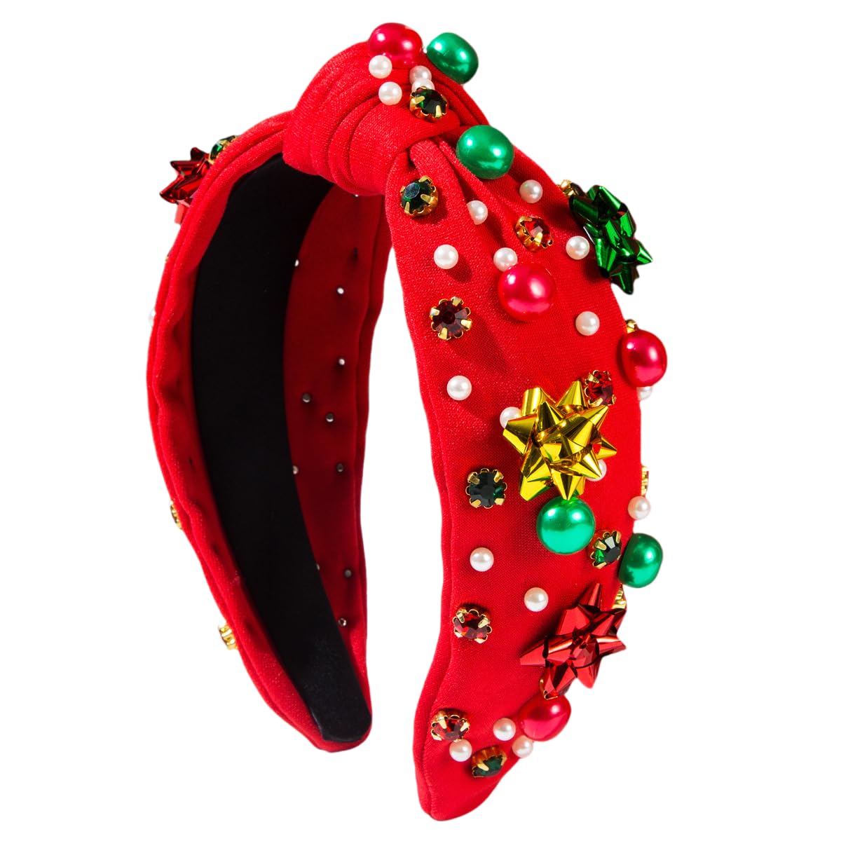 Christmas Headband for Women Pearl Knotted Headband Xmas Red Green Pearl Bow Reindeer Snowflake Rhinestone Crystal Jeweled Hairband Wide Top Knot Hair