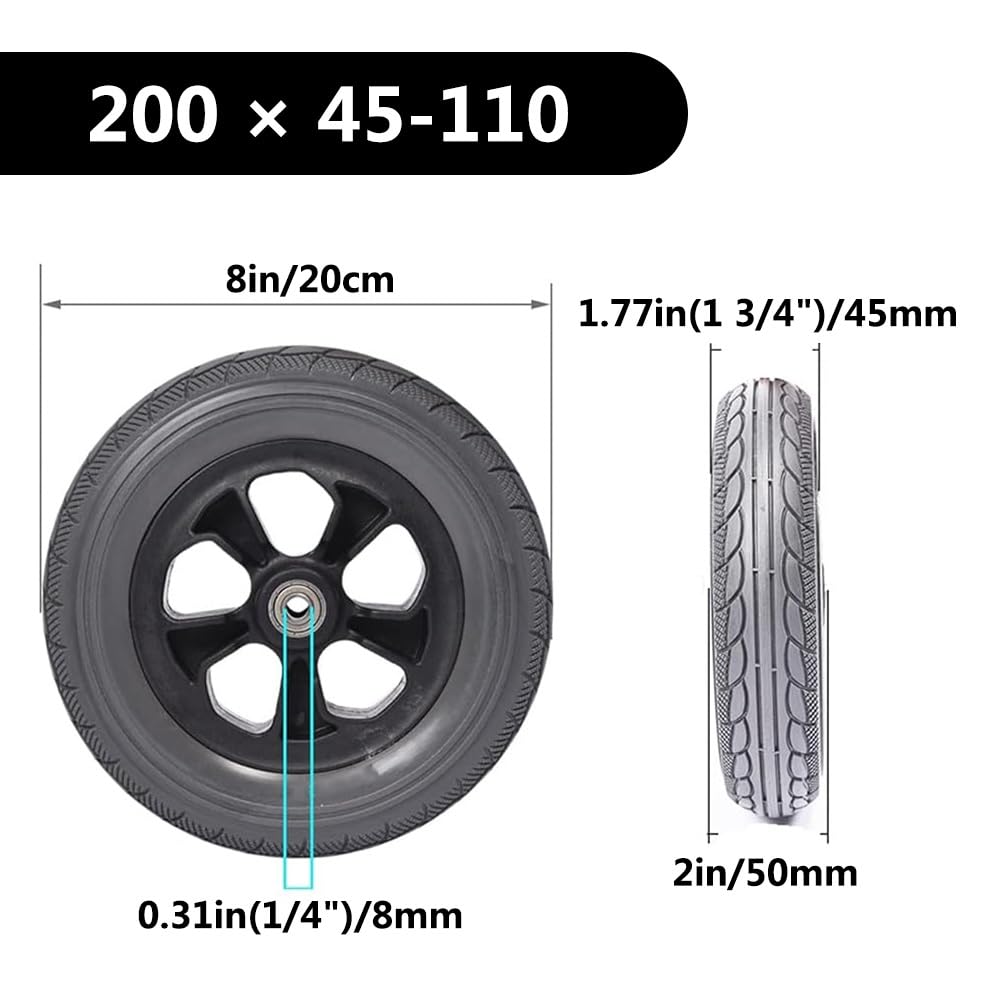 plastikowe kółka do wózków sklepowych Zestaw 2 przednich kół do wózków inwalidzkich, wymiennych, 8 cali, 200 × 45-110, poliuretanowe koła z metalowym łożyskiem, pełne koło zapasowe