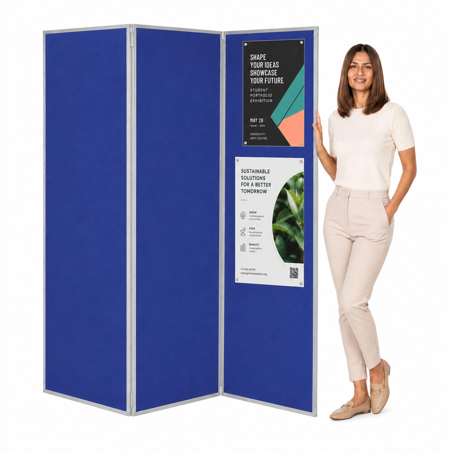 Wonderwall Blue Concertina Freestanding 3 Panel Display Board, Pinboard, 180 X 180 Cm, Privacy Partition Display Screen, Grey Pvc Frame - Ideal For Schools, Office, Library, Healthcare