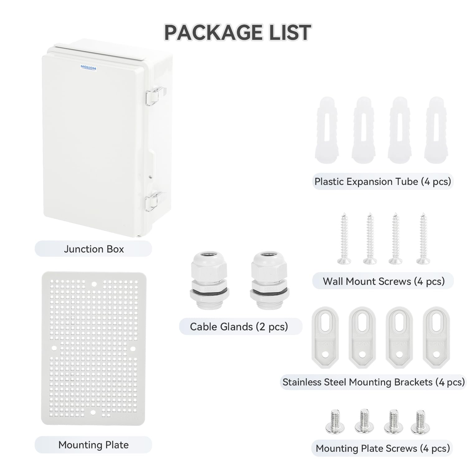 Mollom Outdoor Junction Box for Electrical Project Waterproof IP67 with Hinged Grey Cover, Stainless Steel Latch, Mounting Plate, and Wall Brackets(275x175x110mm | 10.8x6.9x4.3In)