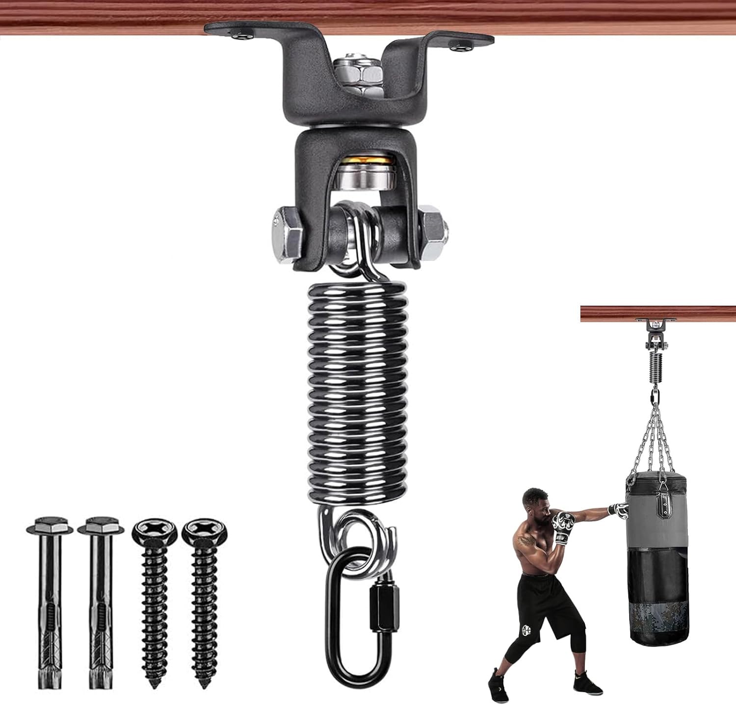 BeneLabel Heavy Bag Ceiling Mount with Spring & Chains 360° Rotation Punching Bag Ceiling Hanger with Bearings Boxing Bags Holder Hardware with 2 Wood Screws and 2 Expansion Screws