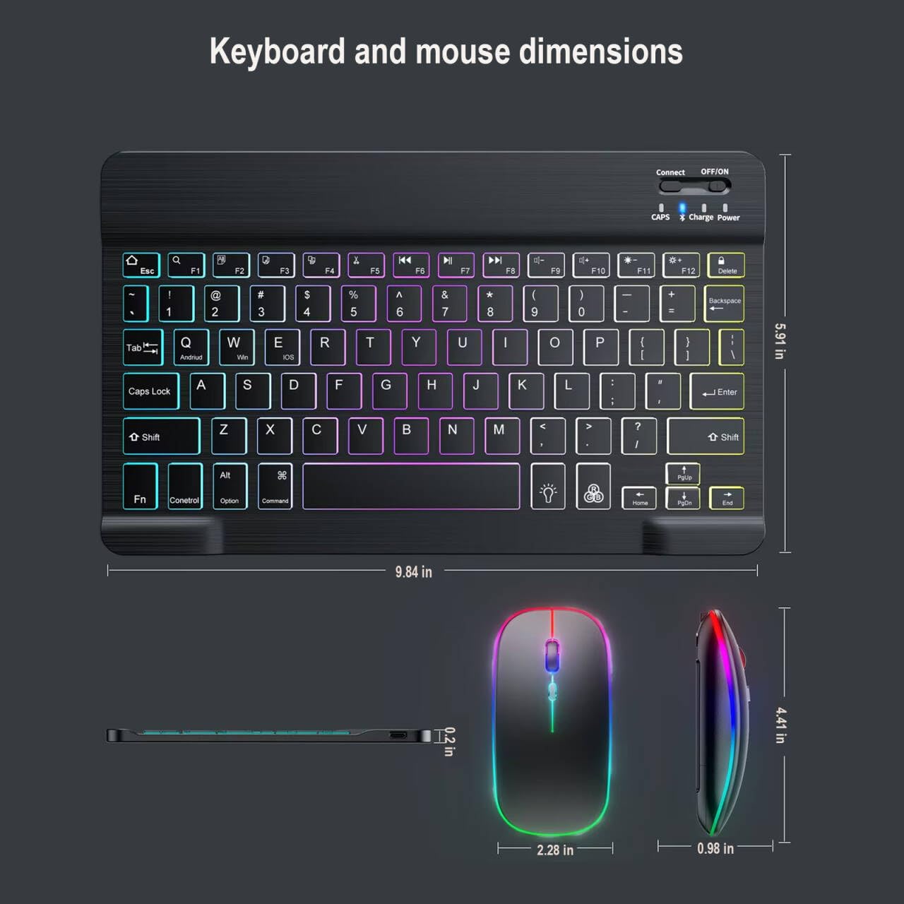 Tastiera e mouse Bluetooth ultra sottile mini tastiera wireless ricaricabile 7 colori retroilluminato per Apple iPad iPhone, tablet, iPhone, smartphone, iOS, Android, Windows, nero