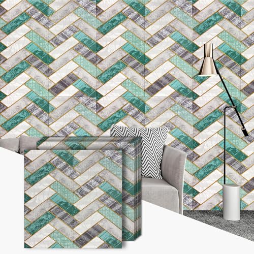 Image of WrapWall 3D Wallpaper Self Adhesive Foam Pack of 2 (70x70 cm) | Waterproof Brick Design Wallpaper |Peel & Stick DIY Wall Decor for Living Room Bedroom Kitchen (2, Green VShape)