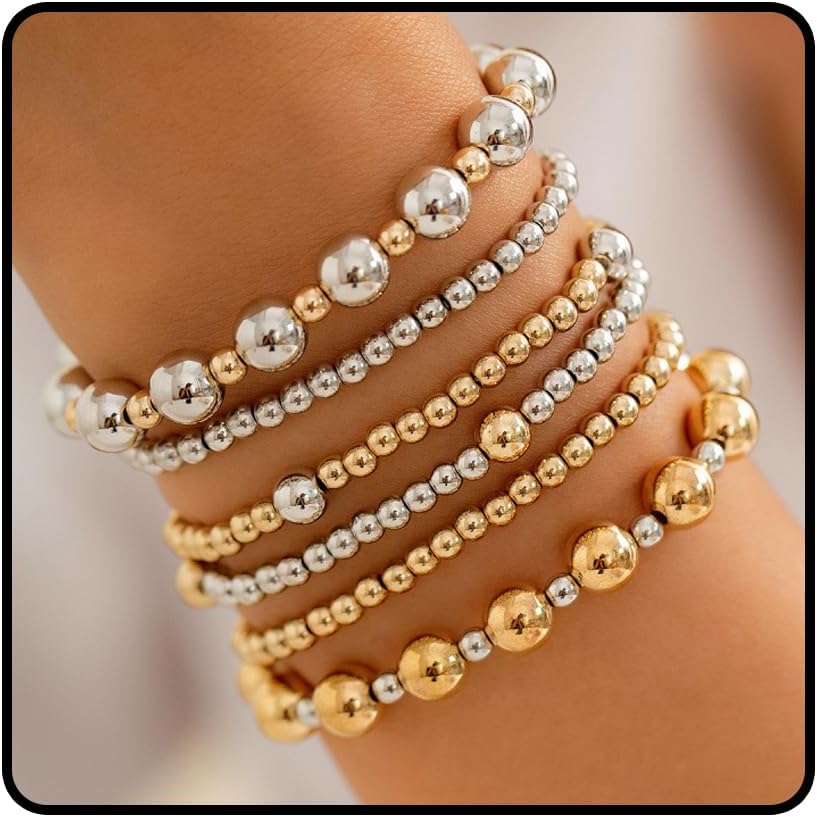 6 Pcs Two Tone Bracelets for Women Stackable Gold and Silver Beaded Bracelets Trendy Mixed Metal Beads Brace-lets Wedding Party Prom Daily Jewelry Gifts