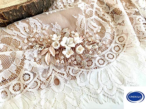 ONDEGO® Rosegold Brauthaarschmuck Haarkamm – Handgefertigter 3D Blumen Haarschmuck mit Perlen & Strass – Leichter Haarkamm für Hochzeit Brautfrisur Festliche Anlässe