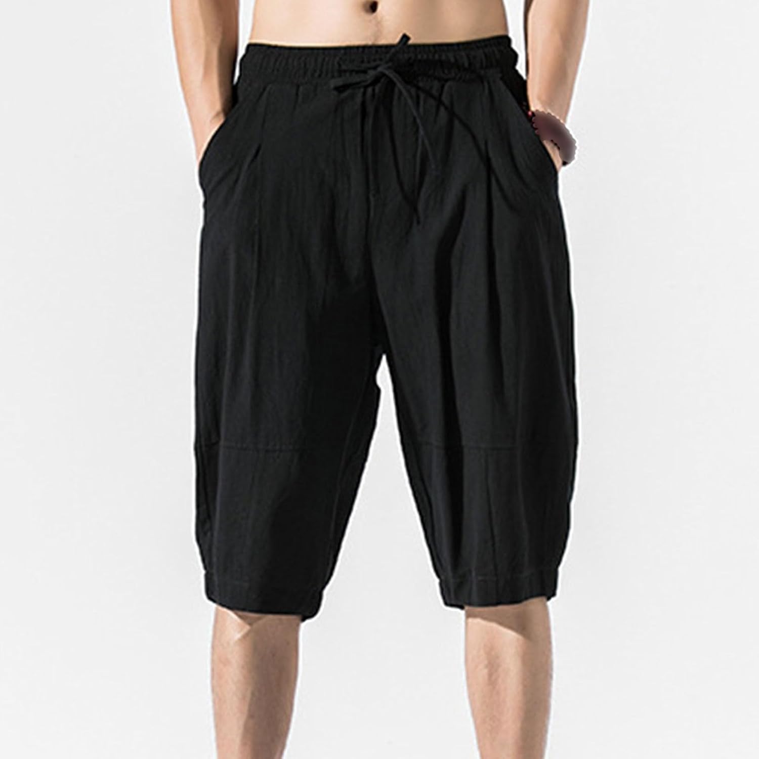 Men's 3/4 Linen Vintage Solid Drawstring Pants Elastic Waist Casual Beach Trousers Knee Length Yoga Jogger Shorts