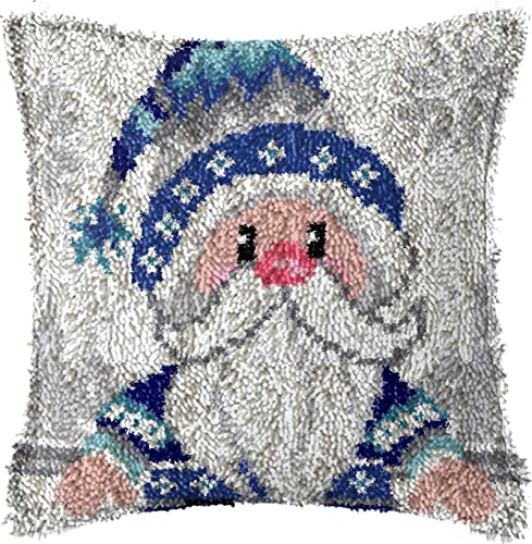 Image of TEZKIM Latch Hook Kits for Adults Christmas DIY Throw Pillow Cover with Printed Canvas Pillowcase Needlework Cushion Cover Hand Craft Creative Gift Home Decoration 16.9Inch X16.9Inch (Blue)