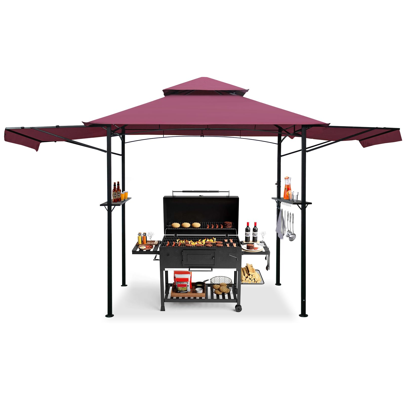 14 x 5 Grill Gazebo, Outdoor BBQ Grill Patio Canopy with 2 Handy Shelves & Extra Awning LED Lights, Double Roof Barbecue Gazebo Canopy (Red)