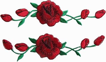 2 Pcs Applique Patch Rose Flower Embroidery Iron On Flower Appliques for Craft, Sewing, Clothing, Scrapbooking Decorative 1 1/8" x4 3/4" inch Red