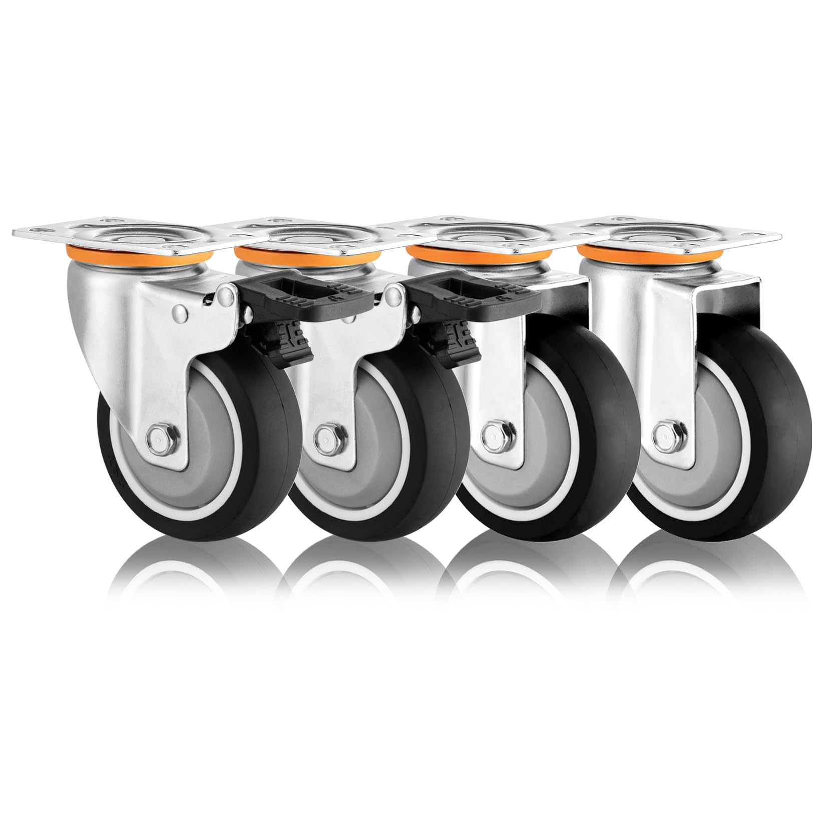 Lenkrollen Möbelrollen Robustes 4er-Set, 3 Zoll, 4 Zoll, 5 Zoll, doppelt verriegelbar, geräuschlos, TPR-Thermoplast-Gummirollen, Ersatzrollen for Karren, Trolleys und Möbel(Swivel+Brake,100mm/4")