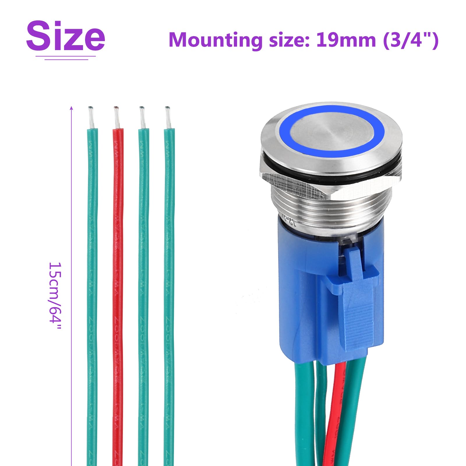 DMiotech 1 Pcs 19mm / 3/4" Stainless Steel Latching Push Button Switch 1NO 15A 12-24V Silver Button Blue Ring Lamp with Socket Plug with Wire for Car Boat Systems Custom Setups - Image 4