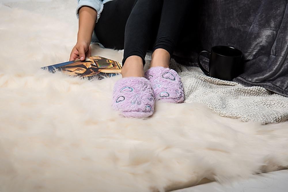 eBigValue Womens Heavenly Heart Glitter Slippers Cozy Plush Lavender House Shoes Memory Foam Non Slip Sole Faux Fur Warm Indoor Bedroom Slippers Gift Idea for Women