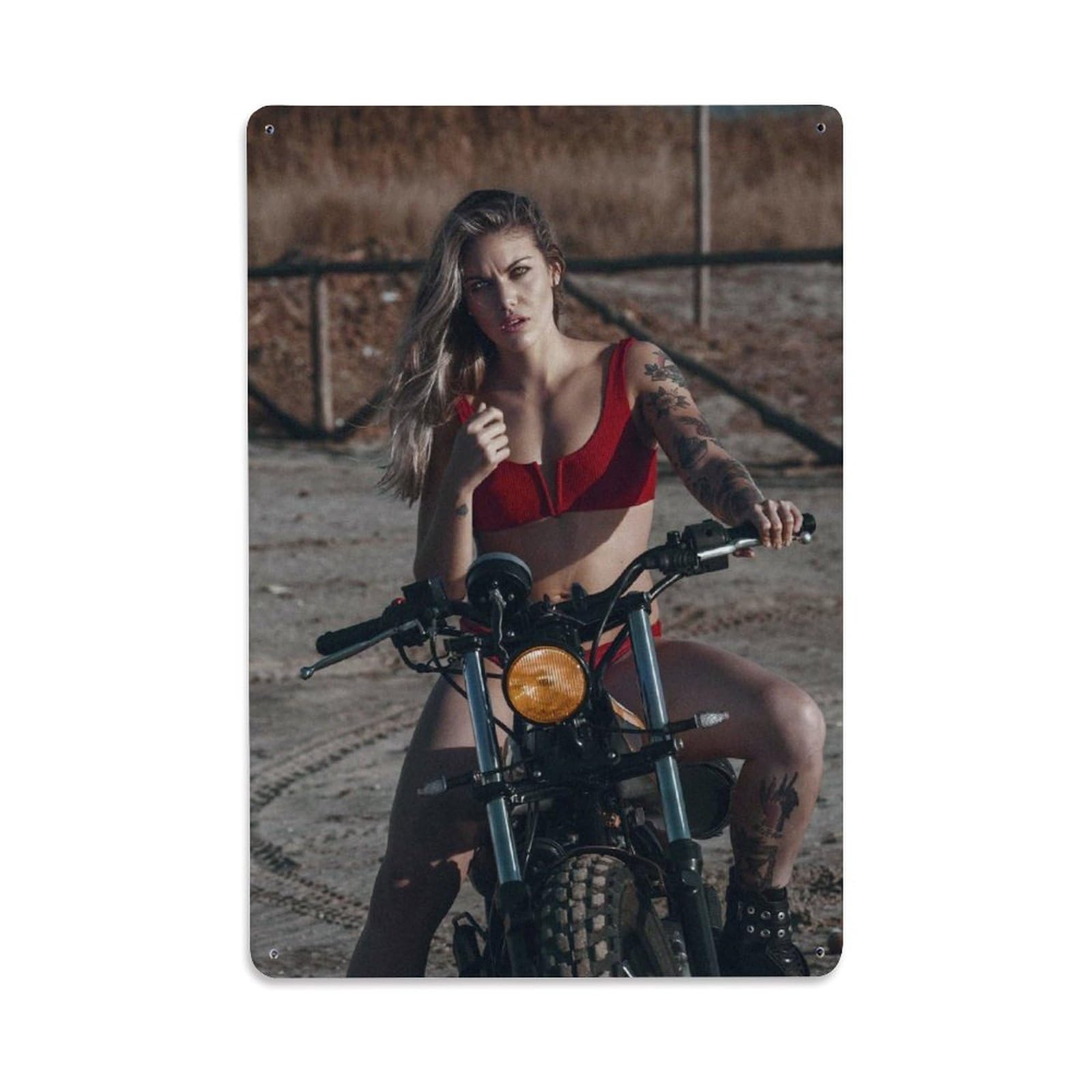 Sexy Bikini Biker Girl Woman Scrambler Motocross Performance Metal Tin Sign Plaque Wall Decor for Cafe, Man Cave, Club Bar, Office, Home Garden Round Metal Poster 8x12Inch