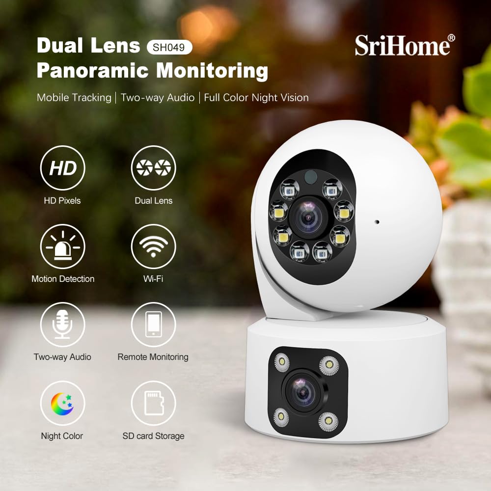 OBA SriHome Telecamera di Sicurezza PTZ Doppio Obiettivo, Visione Notturna, Audio Full HD, Memoria SD, IP66 Impermeabile, per Casa/Ufficio
