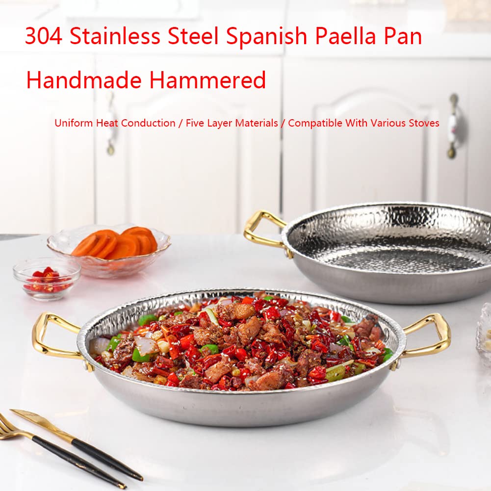 Acero Inoxidable 304 Paellera, 4 Tamaños Sartén, Martillado A Mano Antiadherente Paella Española Batería De Cocina Con Asas De Doble Remache Para Hogares O Restaurantes, 28cm,Silver