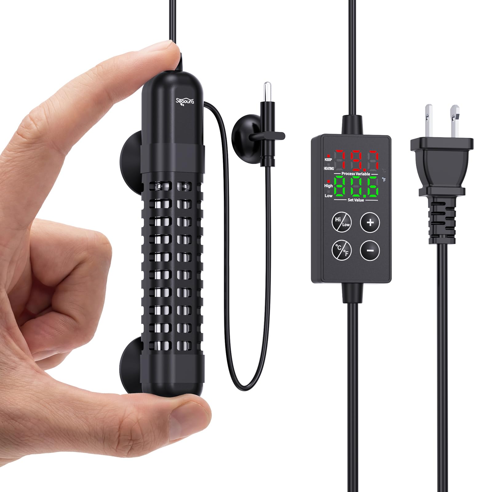 SEAOURA Calentador de acuario pequeño, calentador de tanque de peces de 100 W para 10-20 galones, calentador sumergible de tortuga con pantalla digital, protección de seguridad ajustable, apagado