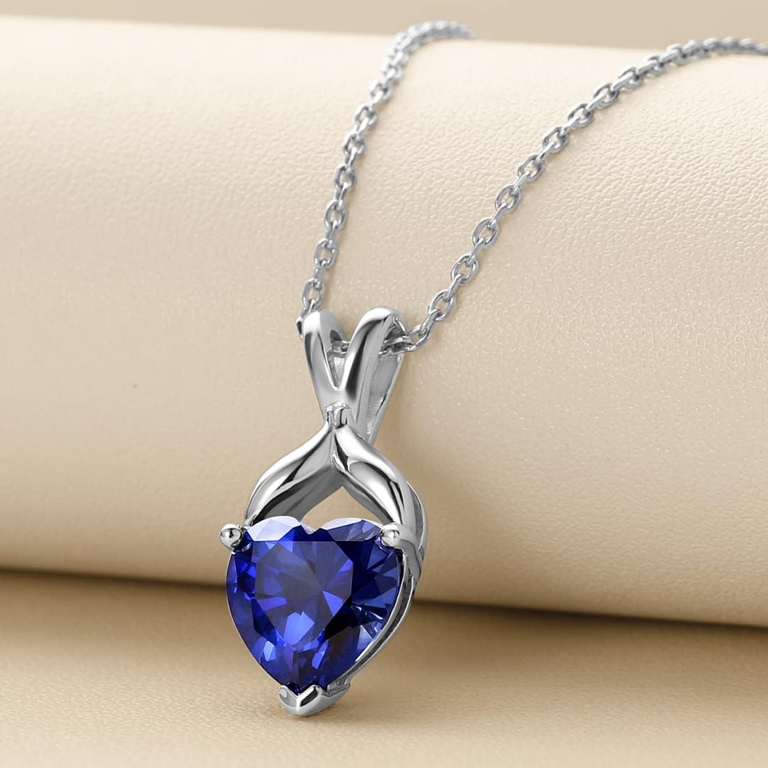 PEORA 3.50 Carats Created Blue Sapphire Heart Pendant Necklace 925 Sterling Silver, Designer Solitaire with 18 inch Silver Chain, Sparkling Blue Sapphire Necklace, September Birthstone Gift