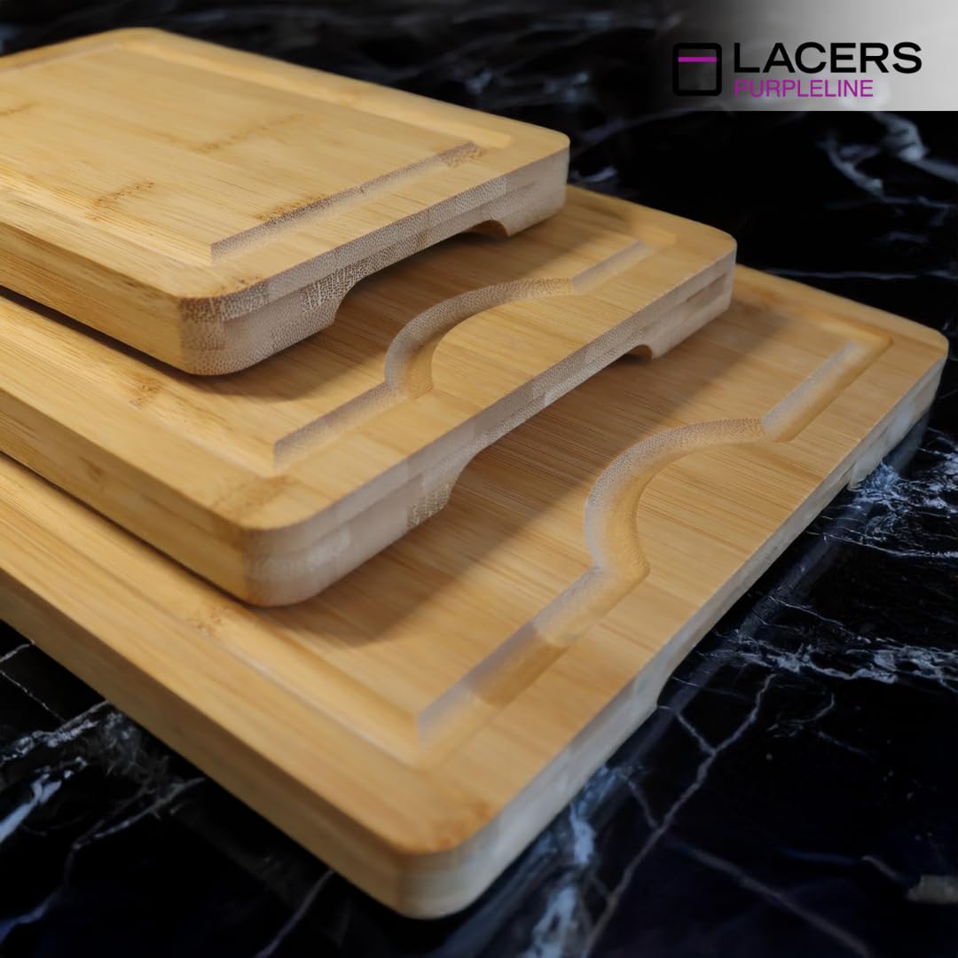 Lacers PurpleLine - Tabla de cortar de madera de bambú de 4 piezas con ranura para jugo y pies antideslizantes, juego de tabla de cortar con soporte, duradera, versátil, perfecta para cocina, carne,