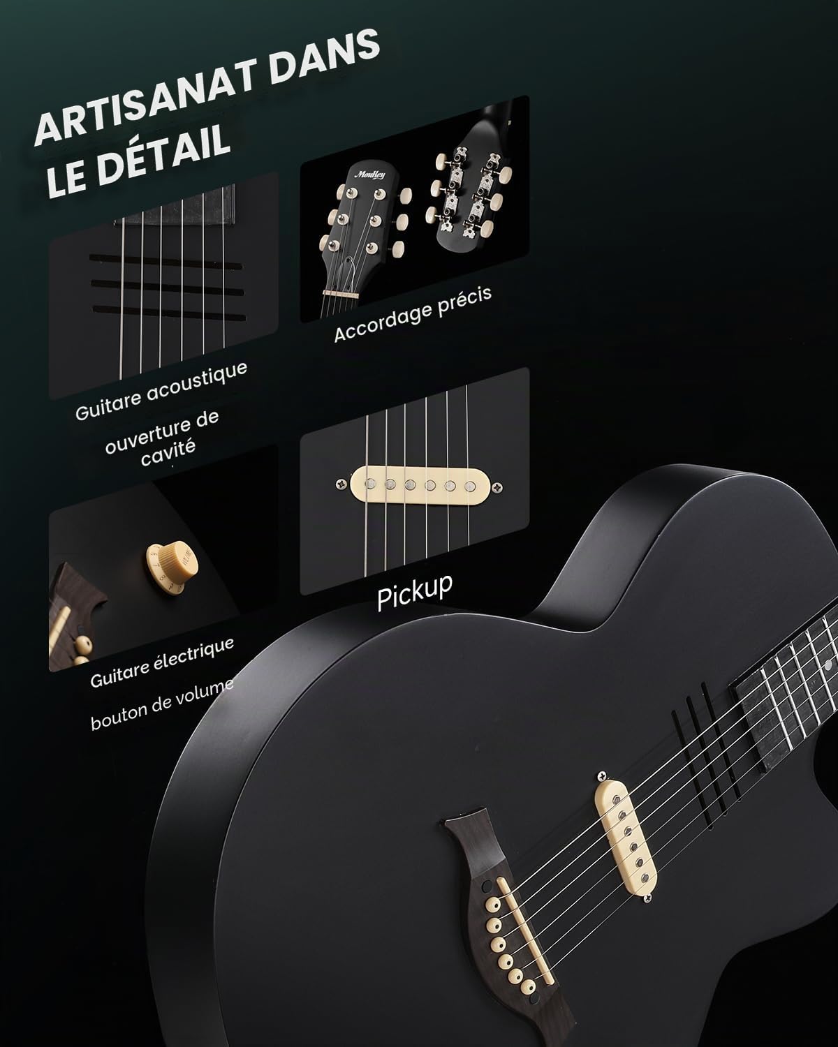 Guitare électro-acoustique Moukey BCC-100 39-inch, pan coupé, micro passif, housse, sangle, médiators, accordeur et capodastre, noire