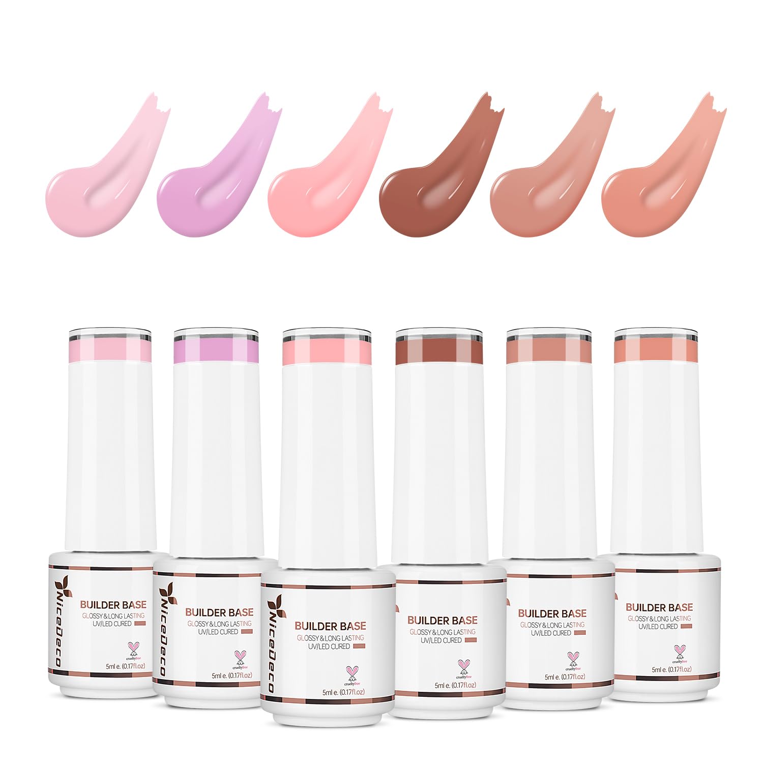 Nicedeco Builder Nail Gel Polish 5ml x 6 Pcs - HEMA Free, Cruelty Free, Vegan - Light Sheer Finish Hard Strengthener & Rubber Gel Extension Kit-77