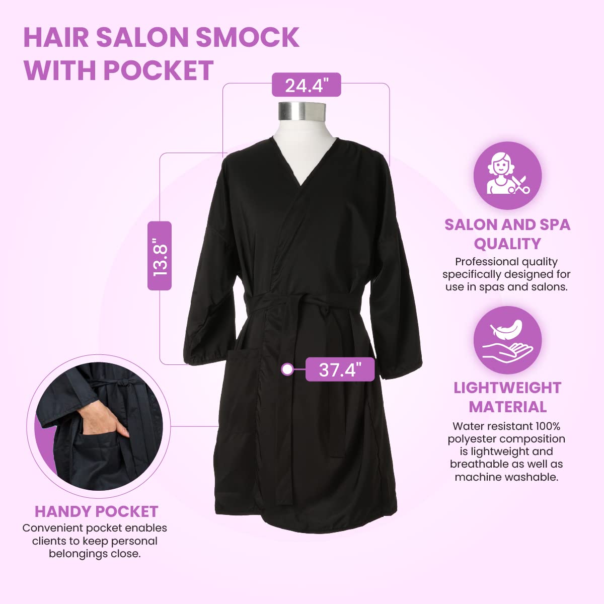 Bata de peluquería con bolsillo - Vestido negro envolvente para cliente - Bata de corte - Vestido de cliente salón - Batas de vestir para cliente de salón - Vestido de estilista - Vestido de spa - 2