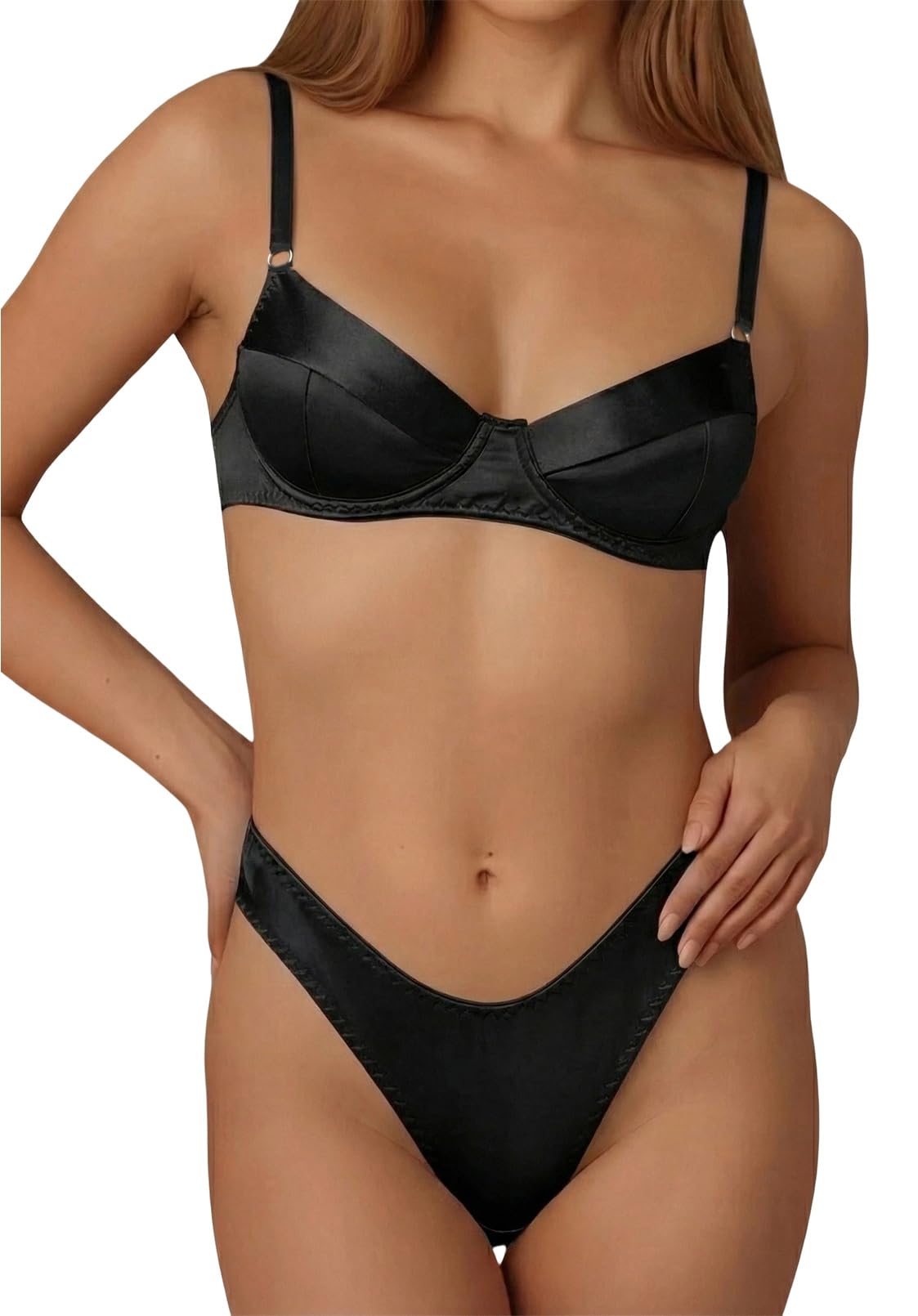 SEAUR Damen Satin-Dessous-Set Sexy Unterwäsche-Set Ohne Polsterung Unterwirkter BH mit String 2-teilig