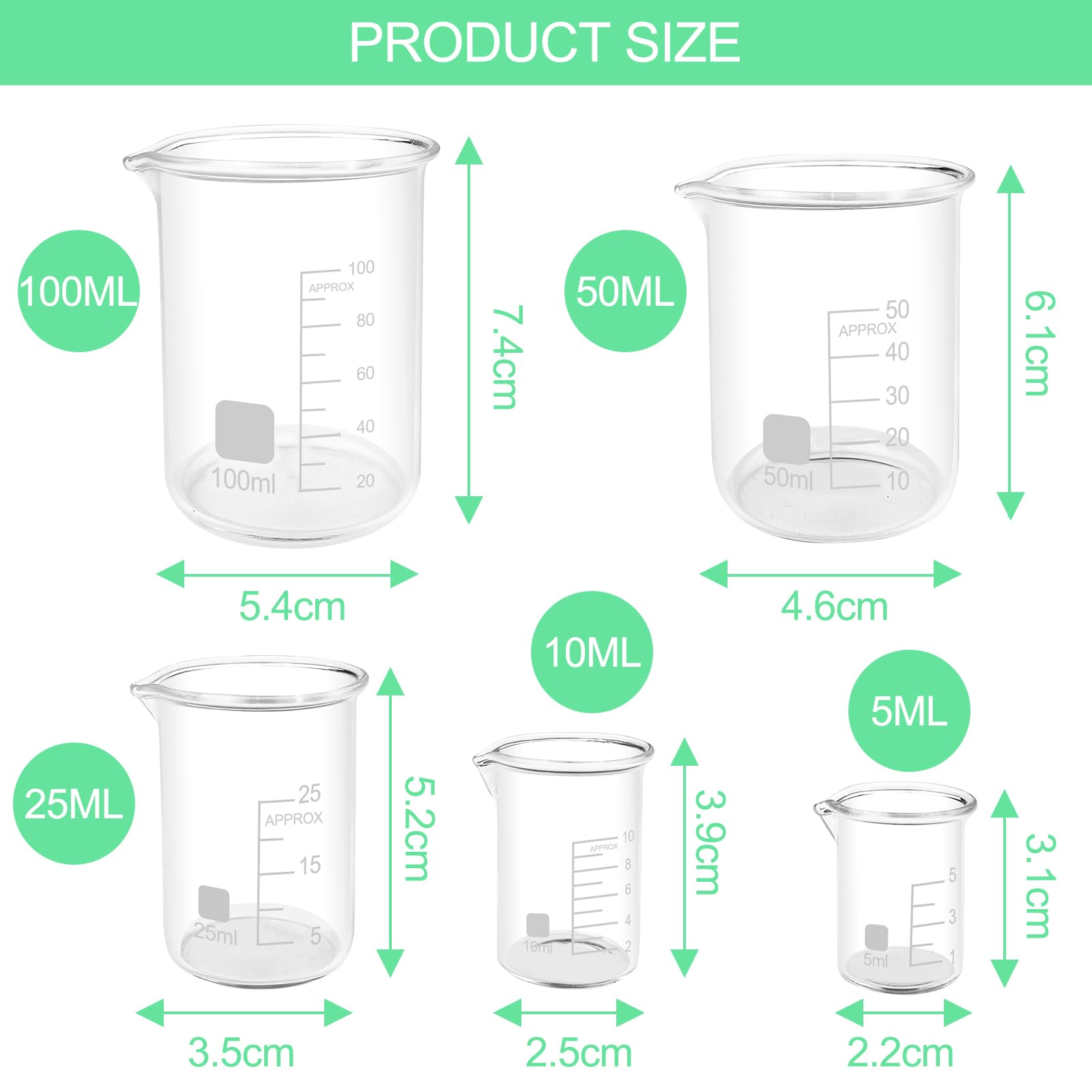 Lixiluxia 5 Pezzi Bicchiere Graduato, Becher Graduato in Vetro Borosilicato 3.3, Contenitore Graduato per Liquidi, Vetreria da Laboratorio, Misurino Graduato in 5 Dimensioni 100ml 50ml 25ml 10ml 5ml