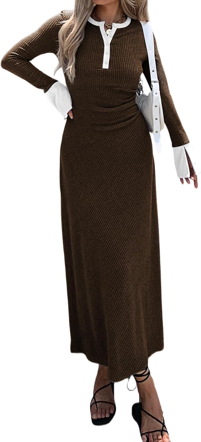 Womens Sweater Dress V Neck Ribbed Maxi Dress Long Bell Sleeves Button Down Slim Fit Bodycon Casual Knit Dress