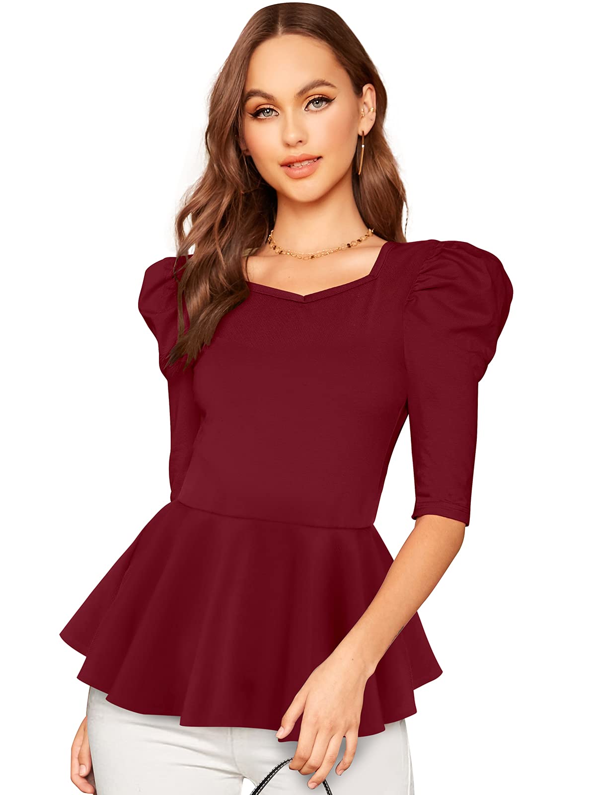 Women's Polyester Top with Sweet Heart Neck 3/4 Puff Sleeves Solid Pattern Waist Length and Regular Fit | Womens Crop Tops | Summer Fashion Top Stylish Look-image-14