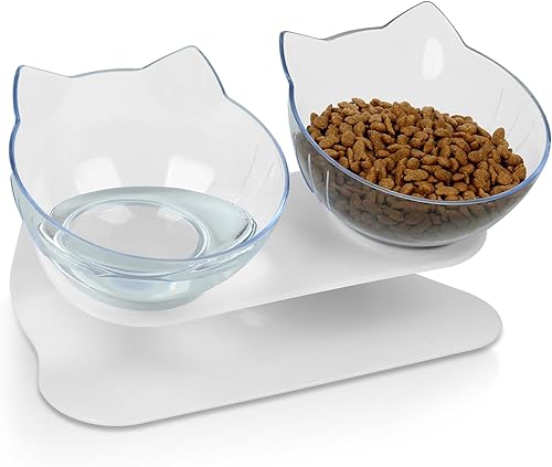 AFOIOPA Juego de cuencos elevados de comida y agua para gatos, inclinados en 15, anti vómitos, platos blancos para gatos con soporte para gatos de