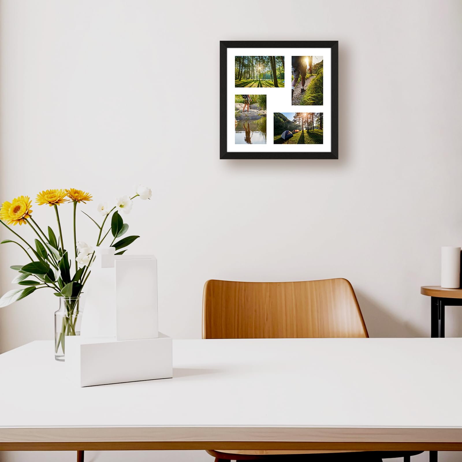 Marco de fotos de 4 x 6 pulgadas, collage de 4 aberturas, marco de collage de fotos múltiple de 12 x 12 pulgadas, decoración de pared de madera, marco negro con paspartú blanco, madera