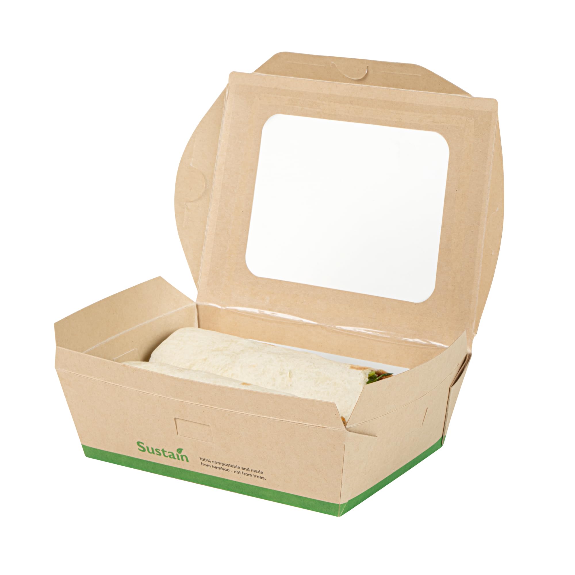 Restaurantware - Cajas de papel resistentes de 28 onzas, 50 recipientes desechables para alimentos, con forro de ácido poliláctico, dos ventanas transparentes de ácido poliláctico, contenedores de