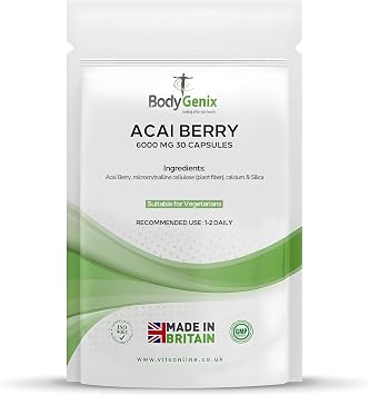 Bodygenix Acai Berry Capsules - 600mg Antioxidant Energy Metabolic Digestion Skin Heart Health Support - Natural Food Supplement 1 Month Supply 30