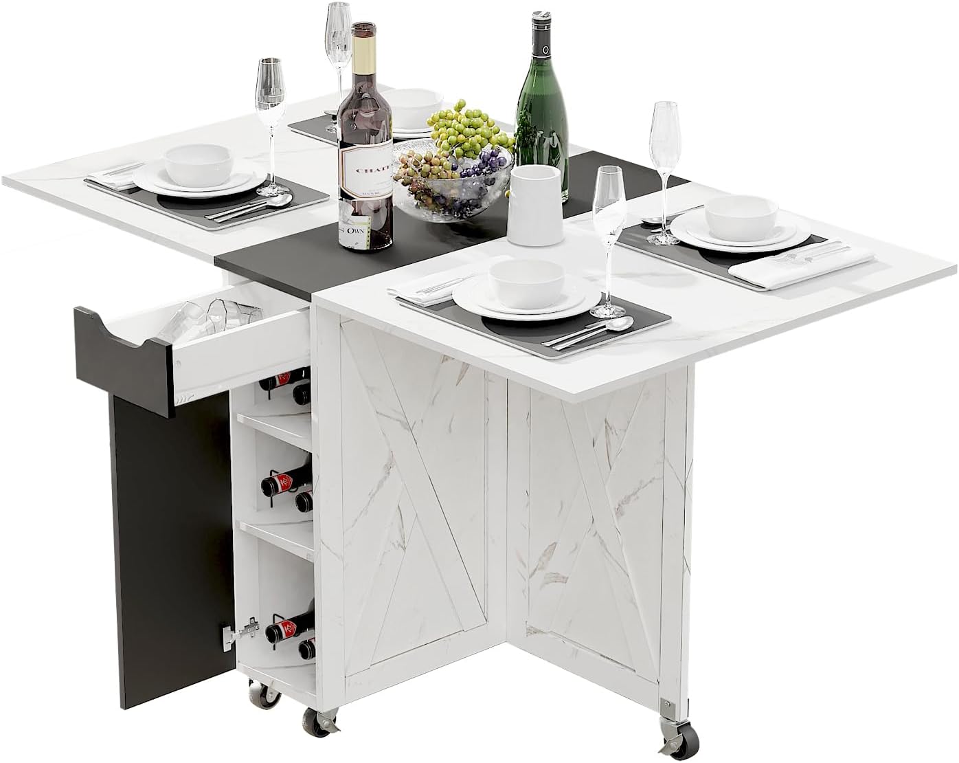 Folding Dining Table, Dinner Table with Drawer and Storage and Shelves, Space Saving Dining Table with 6 Wheels, Kitchen Table for Small Spaces (Black)