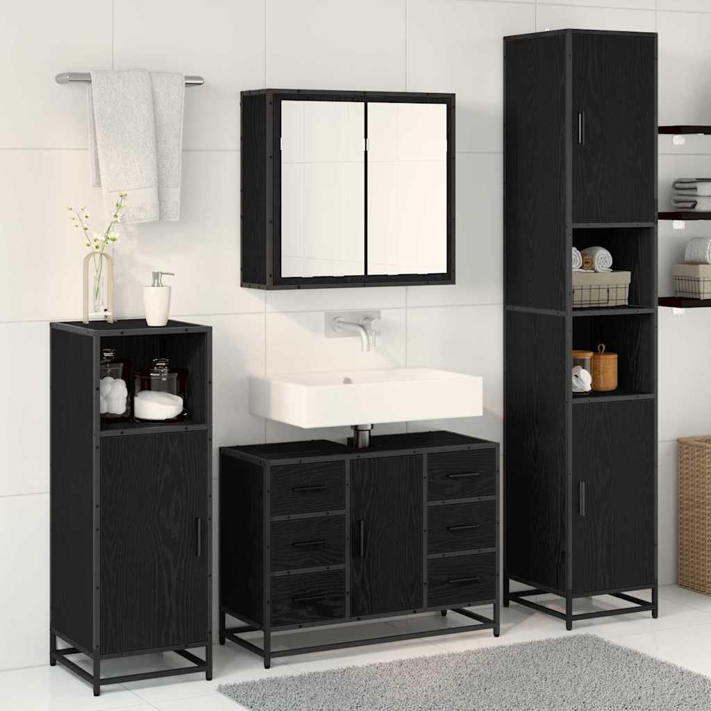 Set di mobili da bagno, 4 pezzi, nero, effetto rovere, in legno con specchio, mobiletto sottolavabo, armadietto sospeso, per bagno degli ospiti, WC, salvaspazio
