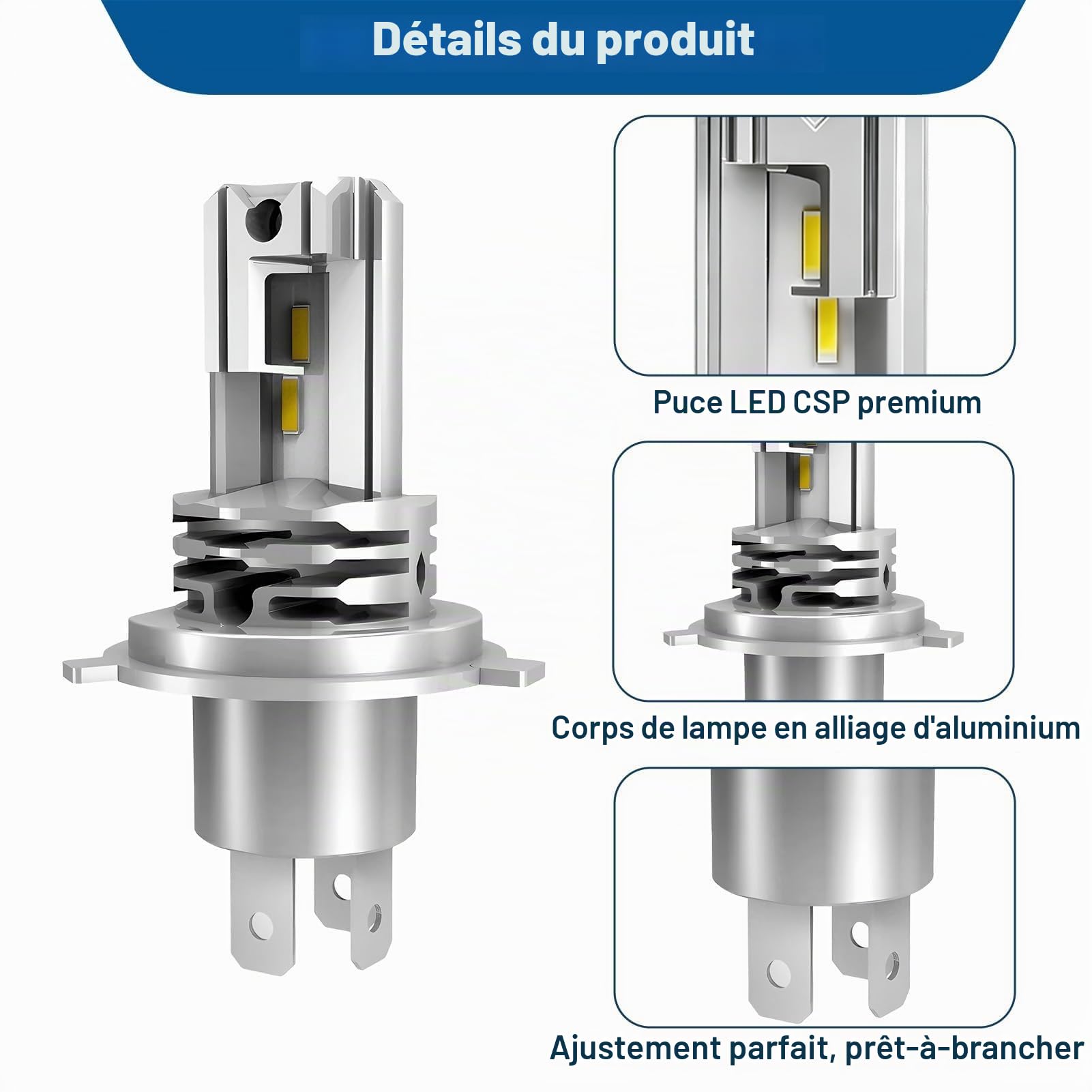 Ampoule H4 LED Voiture 32000LM 100W 6500K Lumière Blanche Remplacement pour Halogènes 1:1 Taille Halogène, Blanc Froid 600% Super Bright, IP68 Imperméable, Plug and Play, 2 Pièces