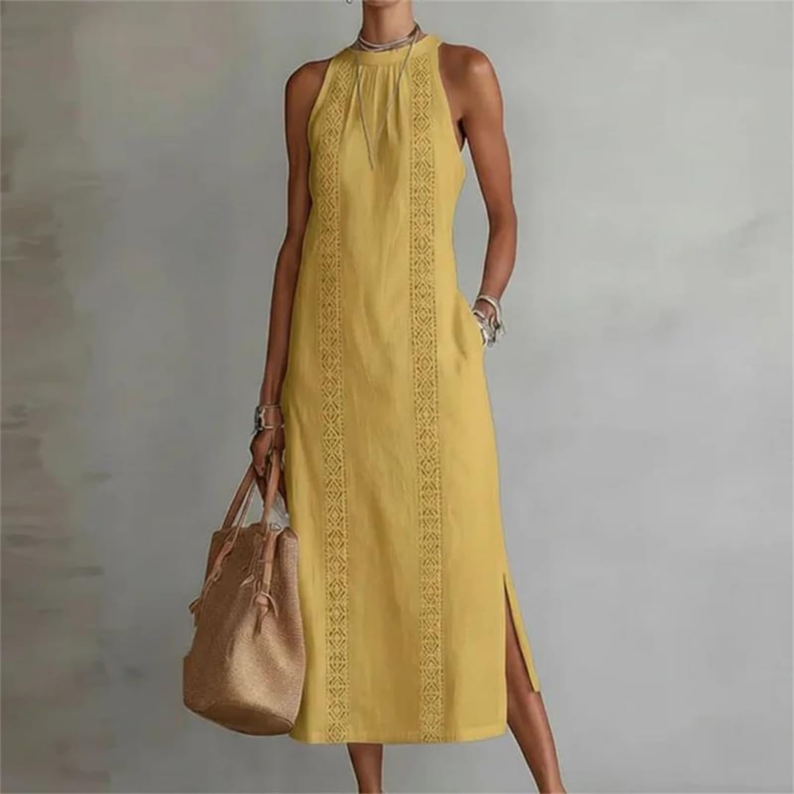 Generico Abiti Boho da Donna | Abito Estivo 2026 Senza Maniche con Collo all'Americana, Inserti in Pizzo e Tasche | Ideale per Vacanze e Tempo Libero