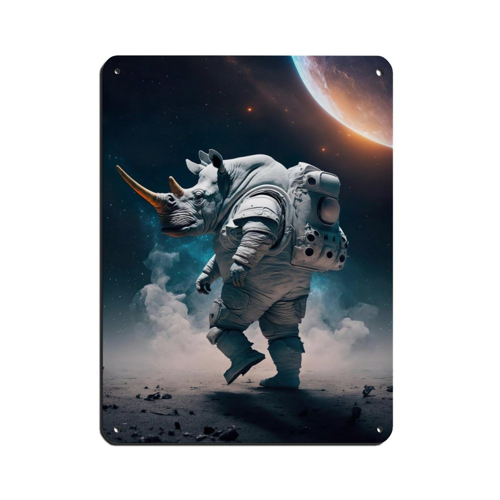 Lxwnze 30L X 40W Cm Astronaut Rhino, Futuristic Animal Retro Poster Metal Tin Sign Chic Art Retro Iron Painting Bar People Cave Cafe Family Garage Poster Wall Decoration 12X16inch(30X40cm)