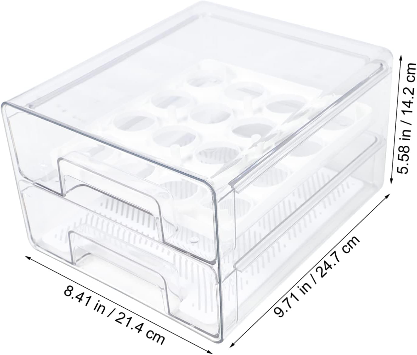 Double Egg Holder for Refrigerator Stackable Egg Tray with Compartments Transparent Pullout Design for Kitchen Storage and Organization Includes Detachable Tray