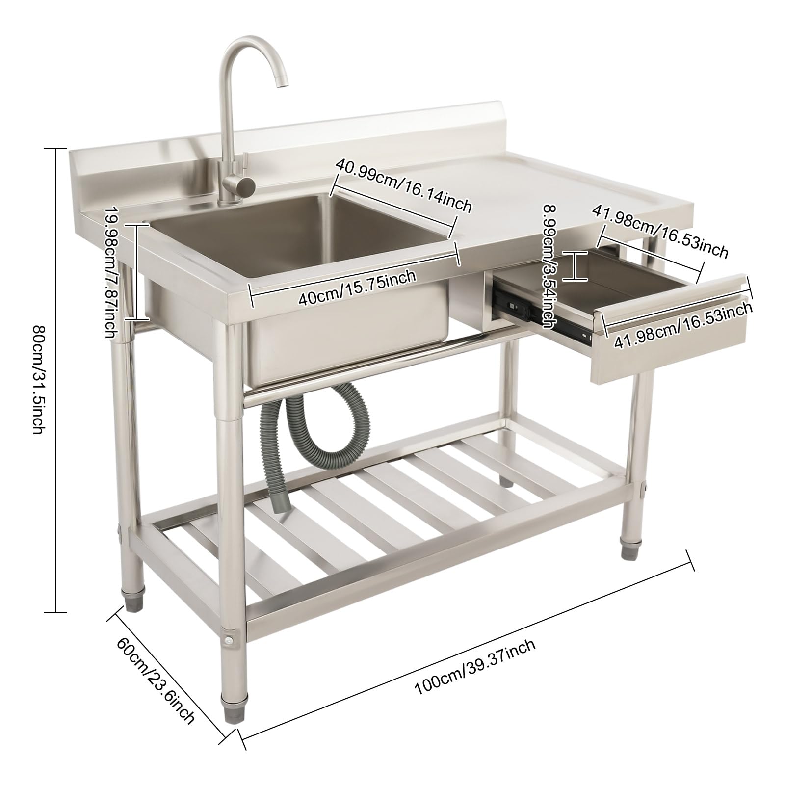 Edelstahl Spültisch 100x60cm mit 360° Armatur Wasserhahn Freistehend | 100*60*80 cm, 1–3 cm Höhenverstellbare Füße mit Arbeitsfläche, Spüle und Unterbau für Küche, Garten und Gewerbe (150kg Max)