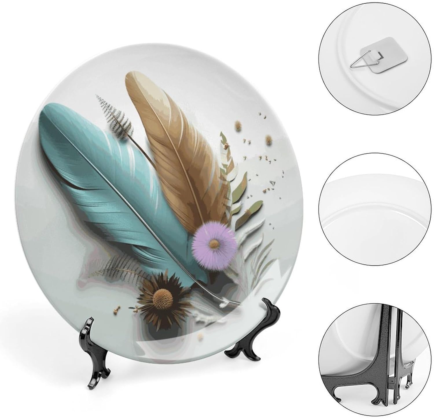 Feather Flower Bone China Decorative Plate with Display Stand, Ceramic Ornaments Plate for Wall Hanging, Personalized Porcelain Plates for Office, Living Room 8inch