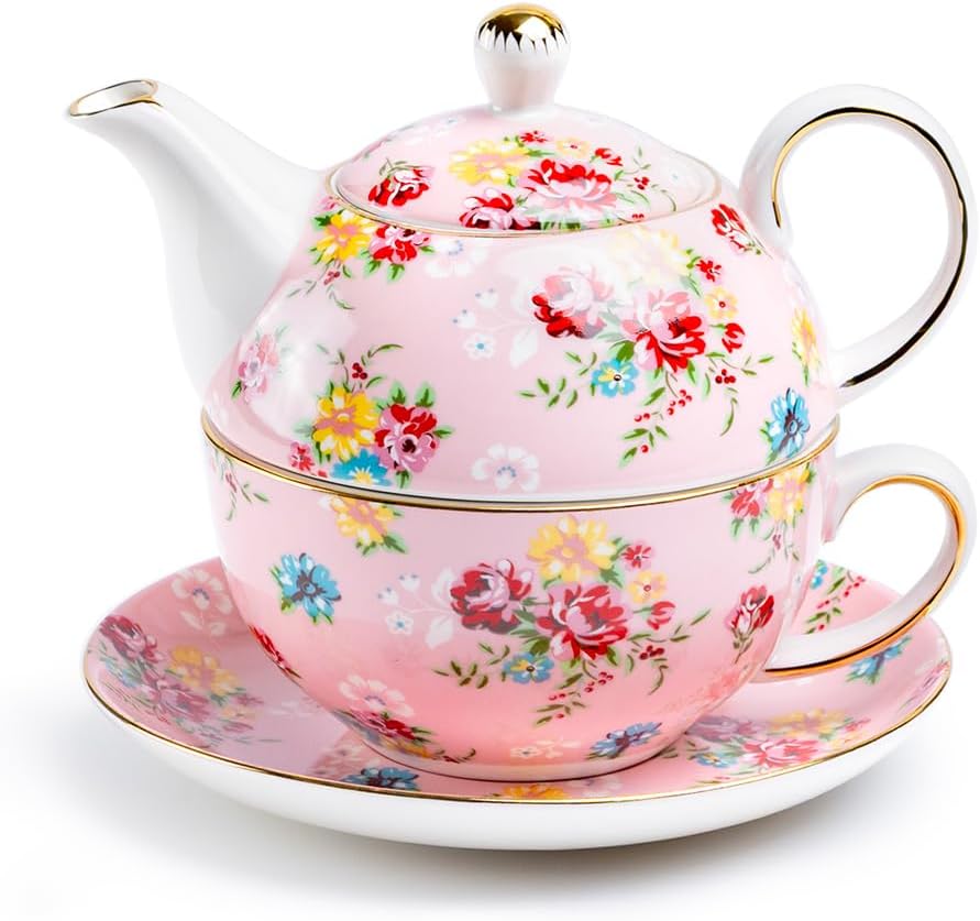 Pink Shabby Rose Fine Porcelain Tea For One Set, Floral Tea Set For One, Pink Shabby Chic Tea Set Gift