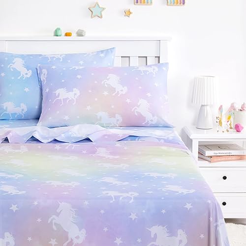 Wake In Cloud - Juego de sábanas para niños, sábanas de unicornio para niñas, estrellas de unicornios coloridos, ropa de cama de microfibra suave (4