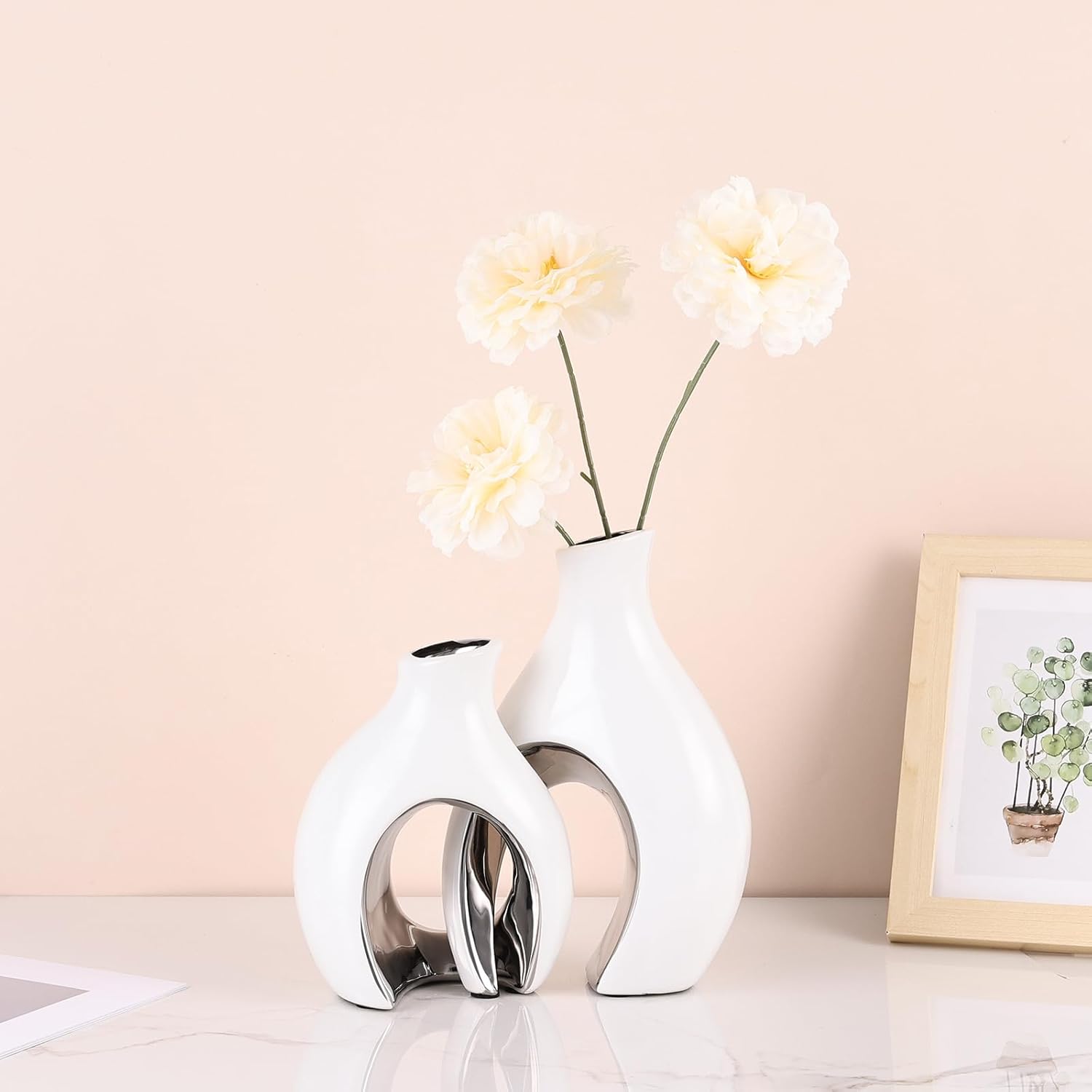 Ceramic Vase Set of 2 for Home Decor, White and Silver Abstract Intertwined Sculptural Vases, Decorative Pottery Centerpiece for Living Room, Dining Table or Entryway, Minimalist Art Decor Gift