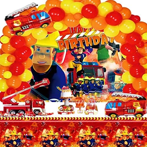 Beilier Fireman themed birthday party decoration suit Fireman Sam background cloth, table cover, wreath arch latex balloon fire truck birthday party wedding opening ceremony decoration (Fireman)