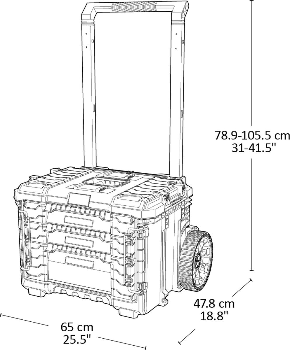 Keter Pro Gear XL Werkzeugwagen – 3 Koffer, 2 flache und 1 tiefe Schublade, abschließbar, mit Clear Organizer, IP65 Schutz, robustes Design, schwarz - 64x47x79-105 cm