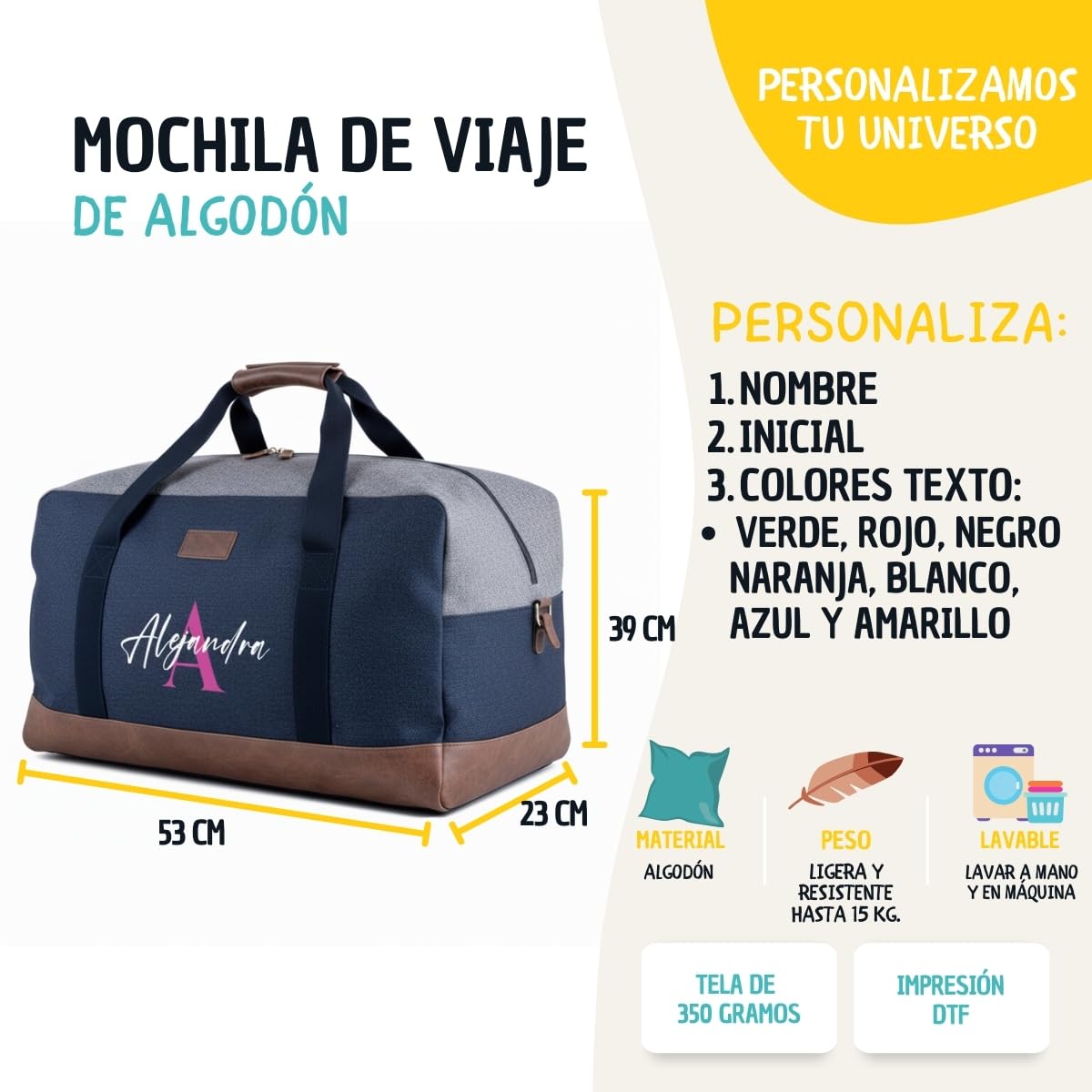 DEREGALOOS Bolsa de Viaje Personalizada con Nombre. Bolsa de Deporte de 47,5L en Algodón con Detalles Marrones. Ideal para Escapadas, Gimnasio (Azul - Inicial y Nombre) - 2